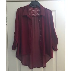 Burgundy Button-down Blouse with Sheer Back